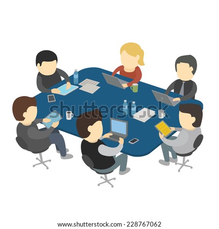 Six cartoon people work sitting at the table. Drawn in cartoon style