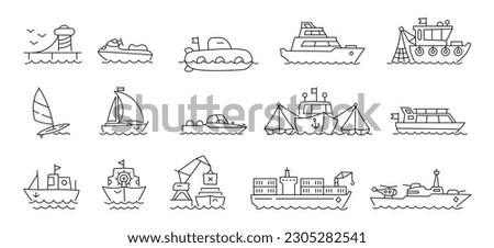 Ships icon set. Boats berth. Fishing boat. Editable outline. Vector line.