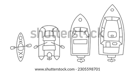 Ships size choice. Fishing boats dock. Editable outline. Vector line.