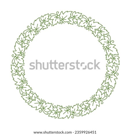 Vine circle frame. Grape leaves. Editable outline stroke. Vector line.