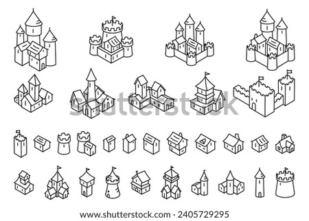 Medieval city isometry buildings. Elements of the map. Middle Ages. Editable outline. Editable outline. Vector line illustration sketch.