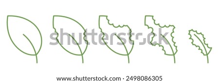 The process Biting Leaf pests. Insects plants eating bitten off. Minimalist Leaf Icons. Vector editable outline stroke.