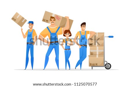 Cartoon loaders movers team with cardboard boxes. Moving and delivery company concept. Vector illustration isolated on white background
