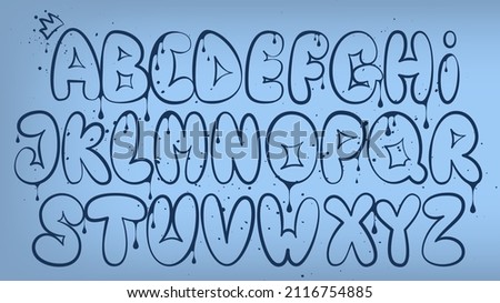 Graffiti alphabet. Bubble graffiti letters outline. Uppercase letters with spray effect and drips on dark background. Graffiti font. Alphabet in readable graffiti style.