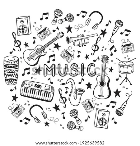 Set of hand drawn musical instruments in doodles style.