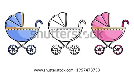 Set of hand drawn icon of baby carriages in doodle style for boys and girls isolated on white background.