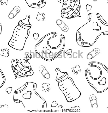 Hand drawn seamless pattern with baby bodysuit, milk bottle, peg-top, safety pin, baby bib in doodle sketch style. Baby element pattern. Vector illustration for wallpaper, background, textile design.