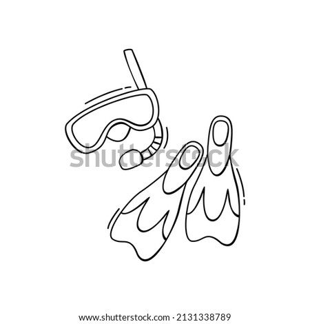 Hand drawn icon of diving mask and flippers in doodle style isolated on white background.
