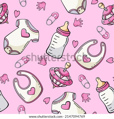Hand drawn seamless pattern with baby bodysuit, milk bottle, peg-top, safety pin, baby bib in doodle sketch style. Baby element pattern. Vector illustration for wallpaper, background, textile design.