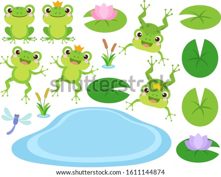 Set of Cute Frog and Frog Prince cartoon characters. Vector illustration. Amphibian drawing. Happy frog sit and jump clip art, different pose, with pond, plants, dragonfly. Colorful graphic elements.