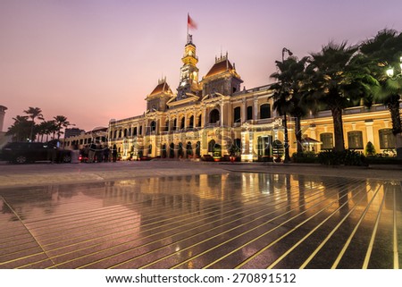 HO CHI MINH, VIETNAM - APRIL 6 , 2015: The historic Peoples\' Committee Building in Ho Chi Minh Square