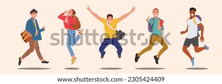A set of characters of happy students jumping with their backpacks and textbooks. Students and female students laughing as they welcome the new school year, back to school. Cartoon vector illustration