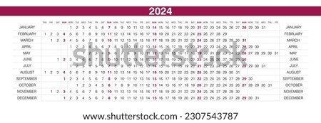 2024 calendar. Linear horizontal planner for year. Yearly calender template. Week starts Sunday. Annual schedule grid with 12 months. Landscape orientation, English. Simple design. Vector illustration