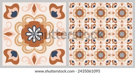 Seamless Azulejo tile. Portuguese and Spain decor. Ceramic tile. Seamless Floral pattern. Vector hand drawn illustration, typical portuguese and spanish tile