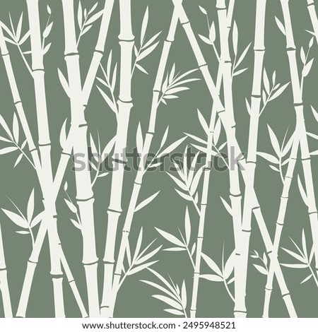 Bamboo seamless horizontal frame on green background, vector pattern of white bamboo stems.