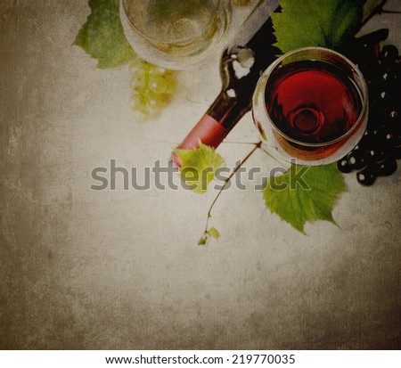 Glass of red and white wine on textured background