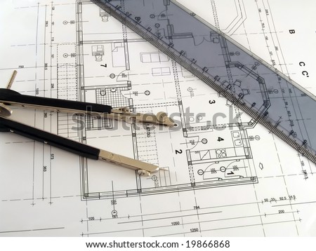 dividers and ruler on architectural plan