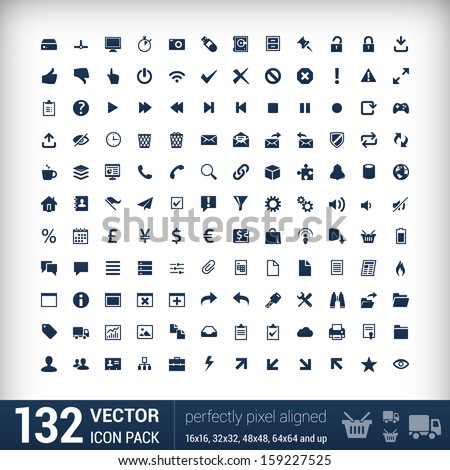 132 Universal Outline Icons For Web and Mobile. Perfectly pixel aligned icon set for sharp presentation in small sizes. Single color business icons or symbols for interface wireframe or infographics. 