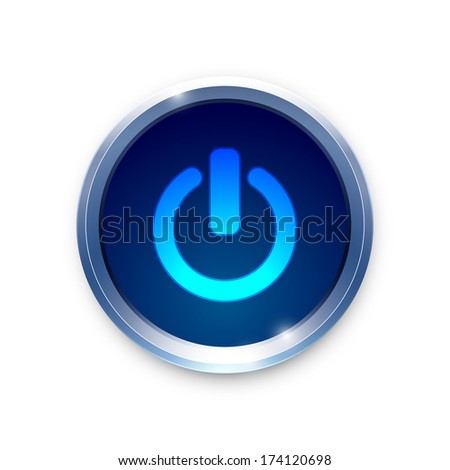 Vector glossy brushed metal blue power button on white background. 