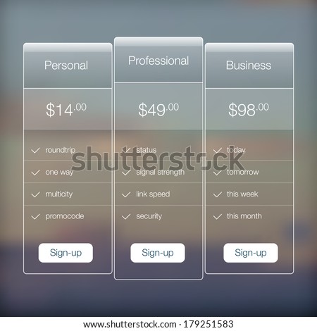 Modern website ui template design. Transparent app user interface price list widget buttons on minimalistic blurred backdrop. Vector editable webdesign elements on blurred background with icons. 