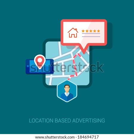 Set of modern flat design icons for mobile or smartphone location based advertising. Place check-in, hotel, restaurant or other place social rating and context ads concept vector illustration.