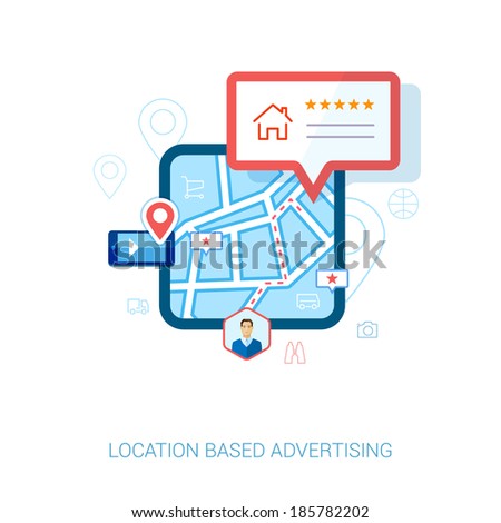 Set of modern flat design icons for mobile or smartphone location based advertising. Place check-in, hotel, restaurant, contact,l rating and context ads concept vector illustration.