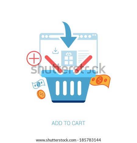 Flat design icons for online shopping. Add to basket, bag or cart e-commerce vector illustration concept.