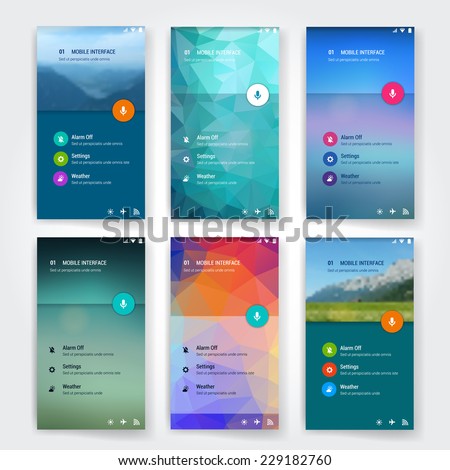 Set of 6 modern user interface (ux, ui) screen template for mobile smart phone or web site. Transparent blurred material design ui with icons.