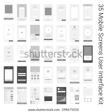 35 Mobile Screens User Interface Kit. Modern user interface UX, UI screen template for mobile smart phone or responsive web site. Welcome, onboarding, login, sign-up and home page layout.