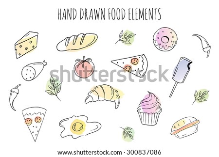 Food sketch. Vector hand drawn food elements. Breakfast food doodle set. Hand draw breakfast food. Morning set.