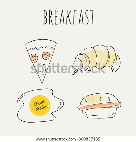 Food sketch. Vector hand drawn food elements. Breakfast food doodle set. Hand draw breakfast food. Morning set.