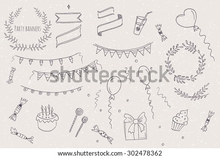 Birthday, holiday, party objects collection including flags, cake, present and balloons. Hand drawn party background with balloons and confetti. Birthday party set vector illustration sketch. Ribbon.