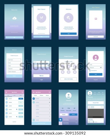 Mobile Screens User Interface Kit. Modern user interface UX, UI screen template for mobile smart phone or responsive web site. Welcome, onboarding, login, sign-up and home page layout.