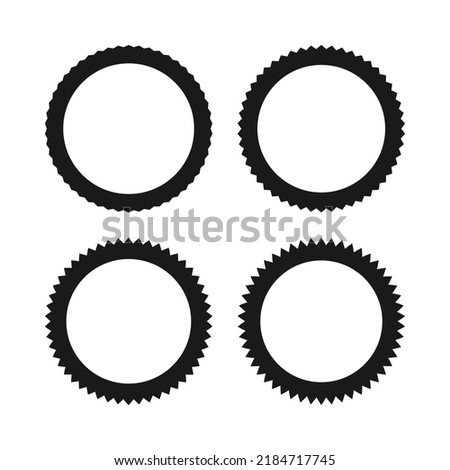 Zigzag edge hollow circle stroke shapes. A group of 4 circular shapes with jagged outside edges. Isolated on a white background.