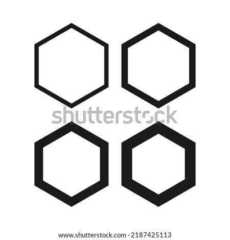 Hollow hexagon stroke shape icon set. A group of 4 hexagonal line shapes with varying degrees of thickness. Isolated on a white background.