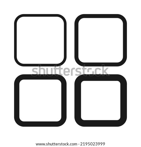 Hollow rounded square stroke shape icons. A group of 4 squared shapes with round corners and varying degrees of thickness. Isolated on a white background.