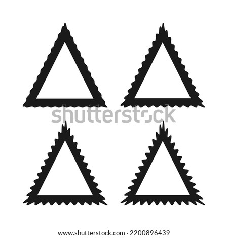 Wavy edge hollow triangle stroke shapes. A group of 4 triangular shapes with jagged outside edges and varying degrees of thickness. Isolated on a white background.