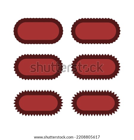 Zigzag edge hollow rounded red rectangles. A group of 6 rectangular symbols with round corners, dark jagged outside edges and varying degrees of thickness. Isolated on a white background.