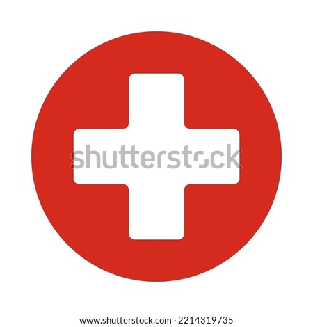 Swiss cross squircle corners red circle. A symbol made from arms of equal length with rounded corners. Isolated on a white background.