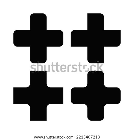 Swiss cross squircle corner shape icons. A symbol made from arms of equal length with a rounded edge on selected corners. Isolated on a white background.