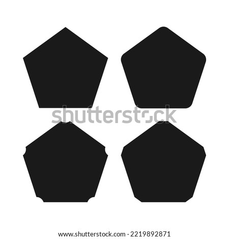 Pentagon shapes corner cut icon set. A group of 4 pentagonal symbols with various cuts on selected corners. Isolated on a white background.