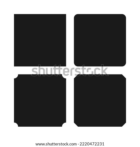 Square shapes, corner cut icon set. A group of 4 squared symbols with various cuts on selected corners. Isolated on a white background.