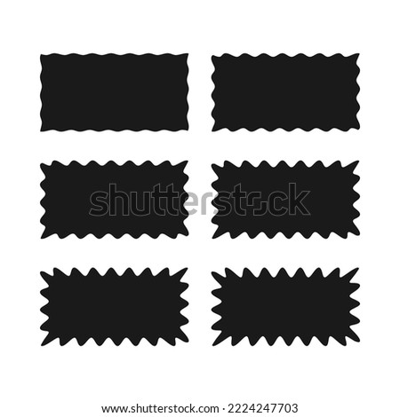 Wavy edge rectangle shapes icon set. A group of 6 rectangular symbols with jagged edges. Isolated on a white background.