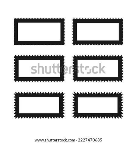 Zigzag edge hollow rectangle stroke shapes. A group of 6 rectangular symbols with jagged outside edges. Isolated on a white background.