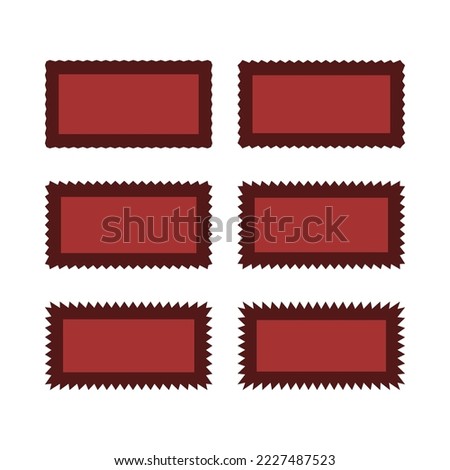 Zigzag edge red rectangle stroke shapes. A group of 6 rectangular symbols with jagged outside edges. Isolated on a white background.