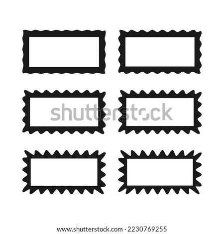 Wavy edge hollow rectangle stroke shapes. A group of 6 rectangular symbols with jagged outside edges. Isolated on a white background.