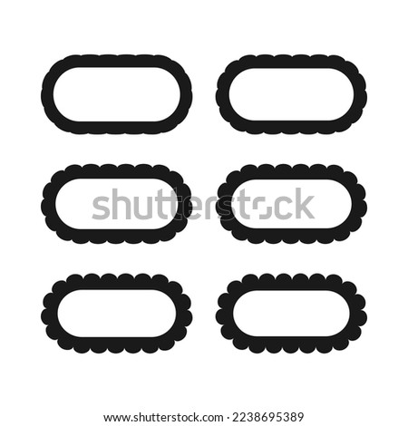 Scallop edge hollow rounded rectangle shapes. A group of 6 rectangular symbols with round corners and scalloped outside edges. Isolated on a white background.