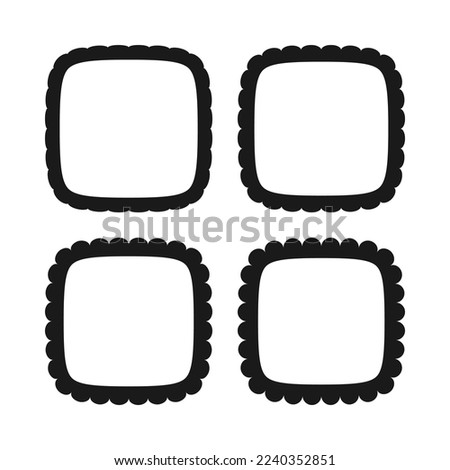 Scallop edge squircle stroke icon set. A group of 4 squares with round corners and scalloped outside edges. Isolated on a white background.