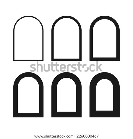 Hollow arch stroke shape icon set. A group of 6 archway line shapes with varying degrees of thickness. Isolated on a white background.