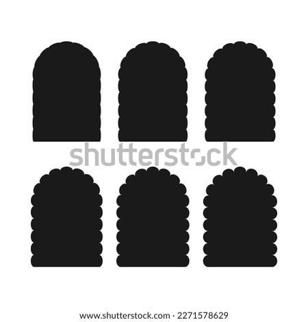 Scallop edge round arch shape icons. A group of 6 archway symbols with scalloped edges. Isolated on a white background.